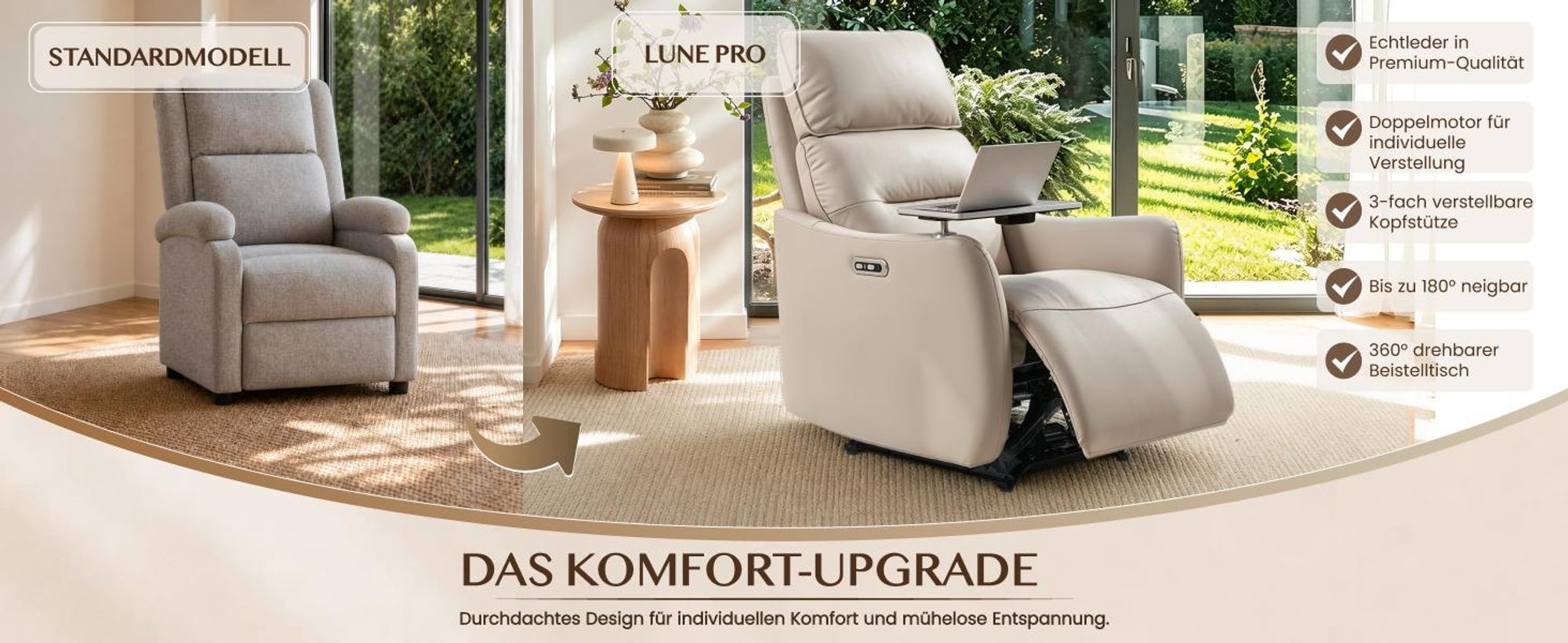 FLEXISPOT Lune Pro Elektrischer Relaxsessel, Doppelmotor, Echtleder, 180° Liegefunktion, 3-fach Kopfstütze, USB-Anschluss & 360° Schwenktisch, Beige