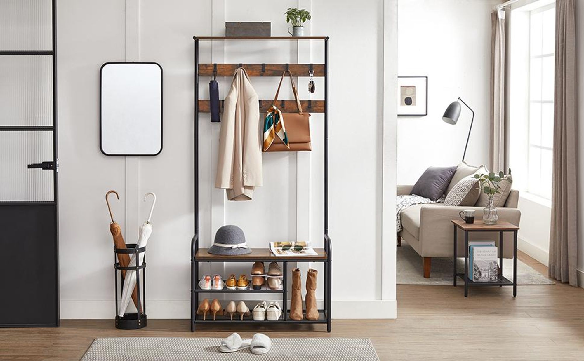 VASAGLE Garderobenständer, Kleiderständer, Garderobe mit 9 abnehmbaren Haken, Schuhregal, für kleine Wohnungen, Flur, Industrie-Design, vintagebraun-schwarz HSR409B01