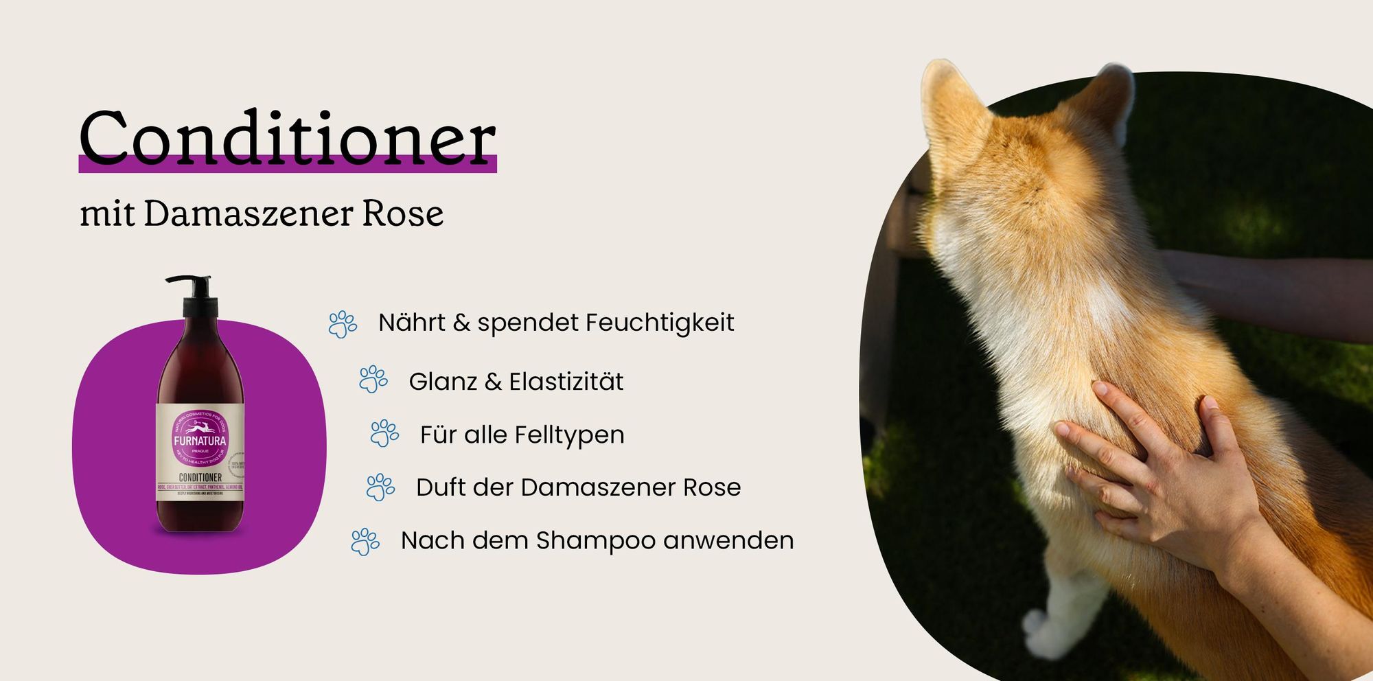 Pflegender Conditioner für Hunde mit Rosenwasser, Sheabutter und Haferextrakt.