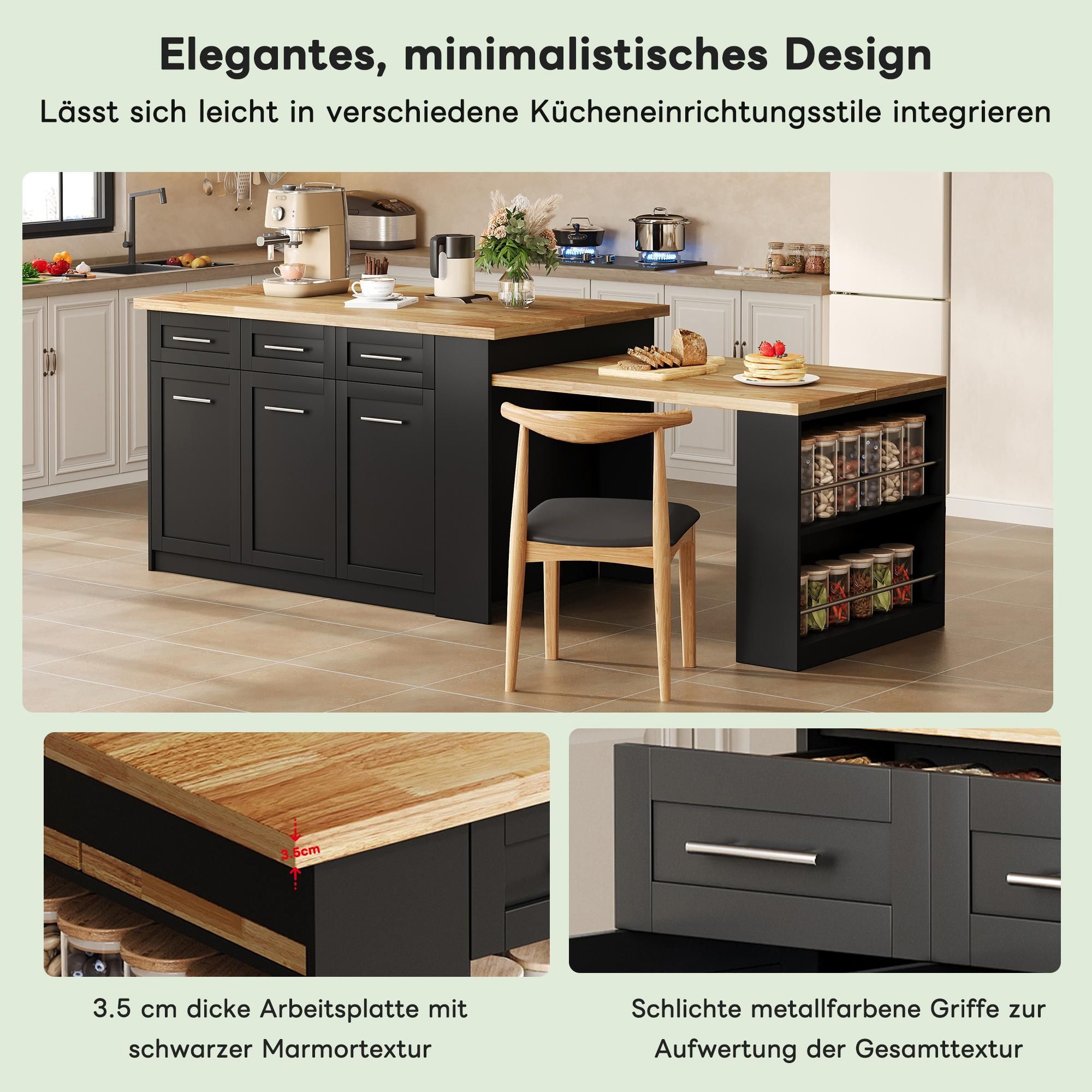 Flieks Kücheninsel mit ausziehbarer Esstisch, Holzarbeitsplatte, Küchenschrank mit viel Stauraum, Naturbelassen