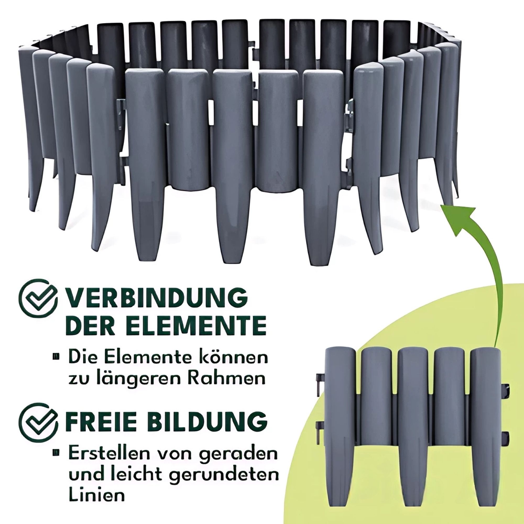 KRUMAD Rasenkante Kunststoff Holzoptik 10 Stück Set 2,8 Meter Höhe 24 cm Beeteinfassung Garten Flexible Beetumrandung Witterungsbeständig Grau