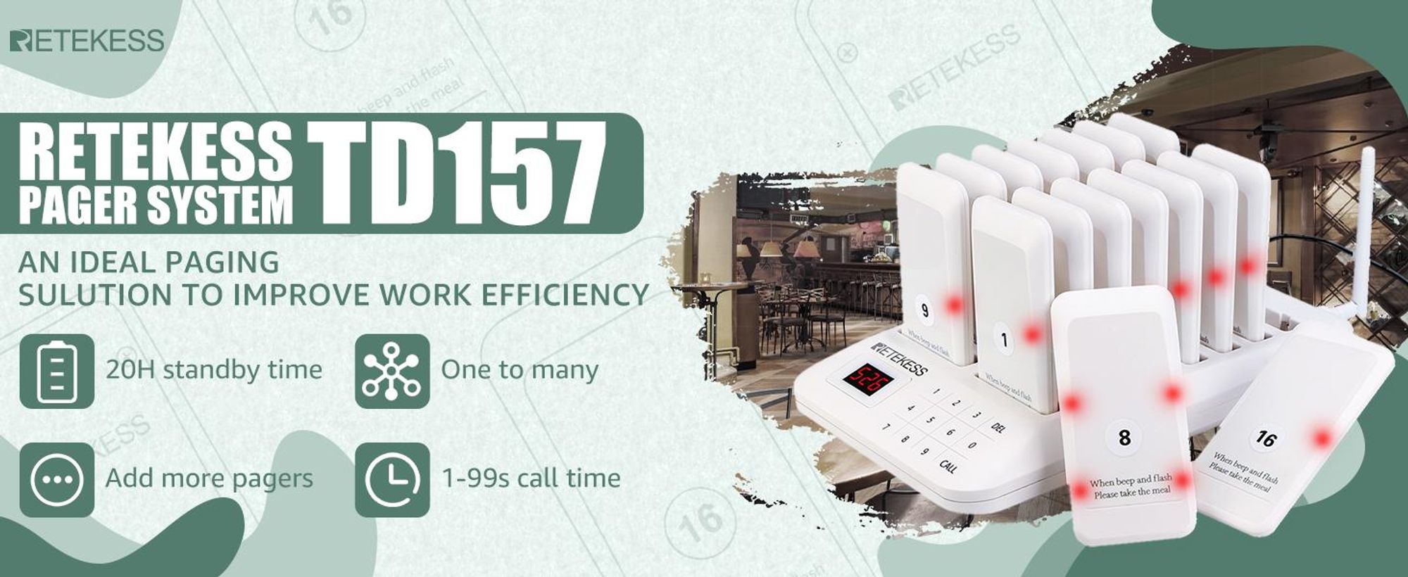 Retekess TD157 Bezdrôtový volací systém, zákaznícky volací systém s 2 režimami volania + vzdialené volanie, 16 pagerov 998 kanálov pre nemocničné a reštauračné bary(white)