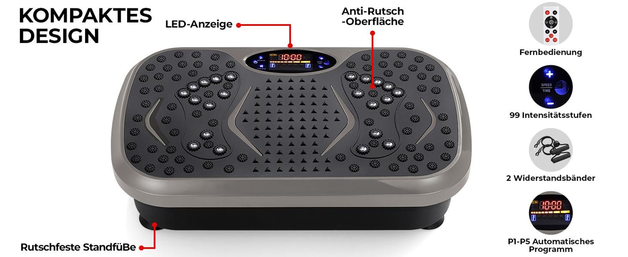 Vibrationsplatte, Vibrotrainer, Bluetooth Fitnessgeräte, Oszillierende Trainingsplattform, 5 Trainingsprogramme, 99 Stufen, mit 2 Expanderbänder