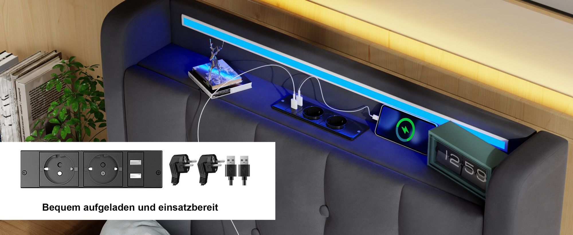 Polsterbett 90x190 cm mit USB und LED-Licht in Grau