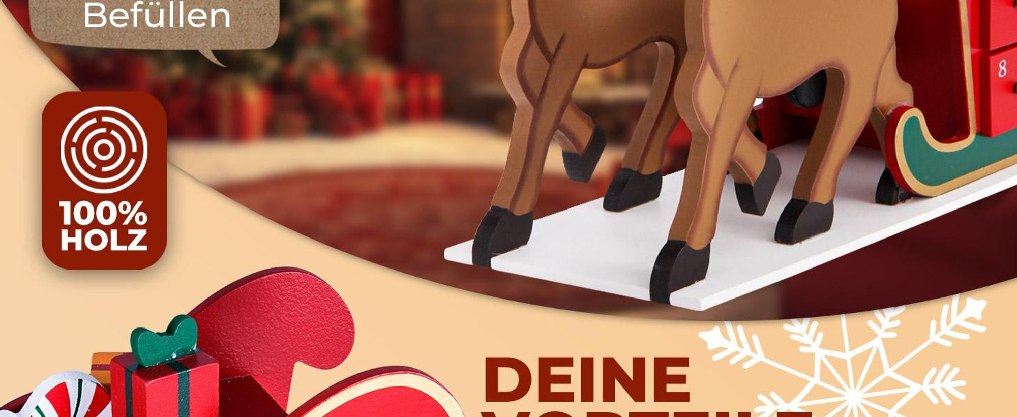 SPIELWERK® Wiederverwendbarer Adventskalender Schlitten zum Befüllen 24 Türchen Bunt Bemalt Weihnachten Kinder DIY weihnachtliche Holz Dekoration
