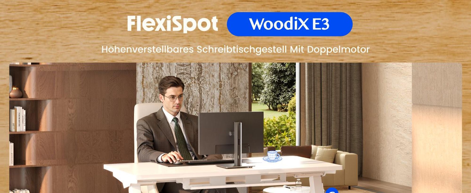 FLEXISPOT WoodiX Höhenverstellbarer Schreibtisch Elektrisch, A-förmiges Gestell, Massivholz-Beinverkleidung, Doppelmotor, Kabelmanagement, Weiß