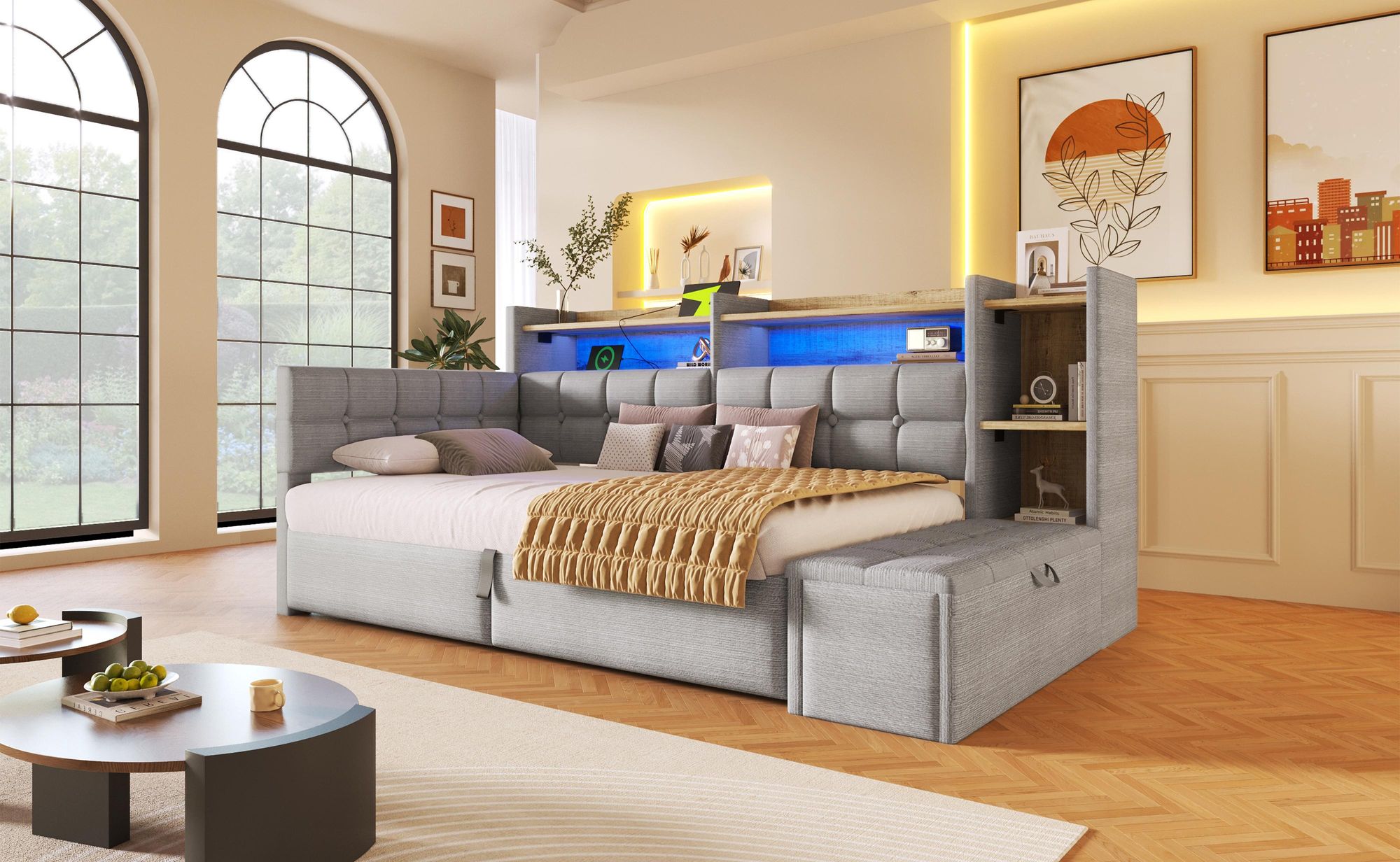 Merax Tagesbett Daybett 90x200cm, Schlafsofa mit 2 Schubladen, USB & Typ-C, Regal mit LED, Stauraumbank, Polsterbett, Kinderbett, Samt, Grau