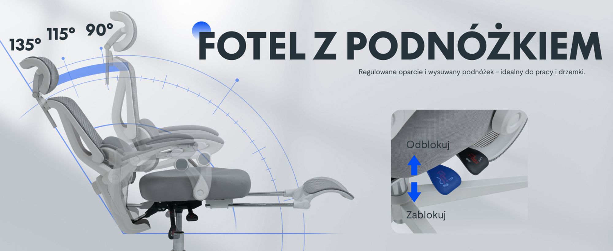 FLEXISPOT Ergonomiczne krzesło biurowe z zagłówkiem 3D, regulowanym podparciem lędźwiowym, funkcją przechylania w zakresie 90–135°, połączonymi podłokietnikami, podnóżkiem, nośnością 136 kg, kolor szary