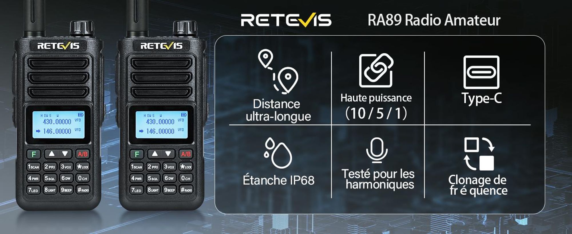 Retevis RA89 radio amateur, haute performance, IP68 étanche, bi-bande, VFO, batterie 2500 mAh, talkie-walkie rechargeable type C(2 pièces, noir)