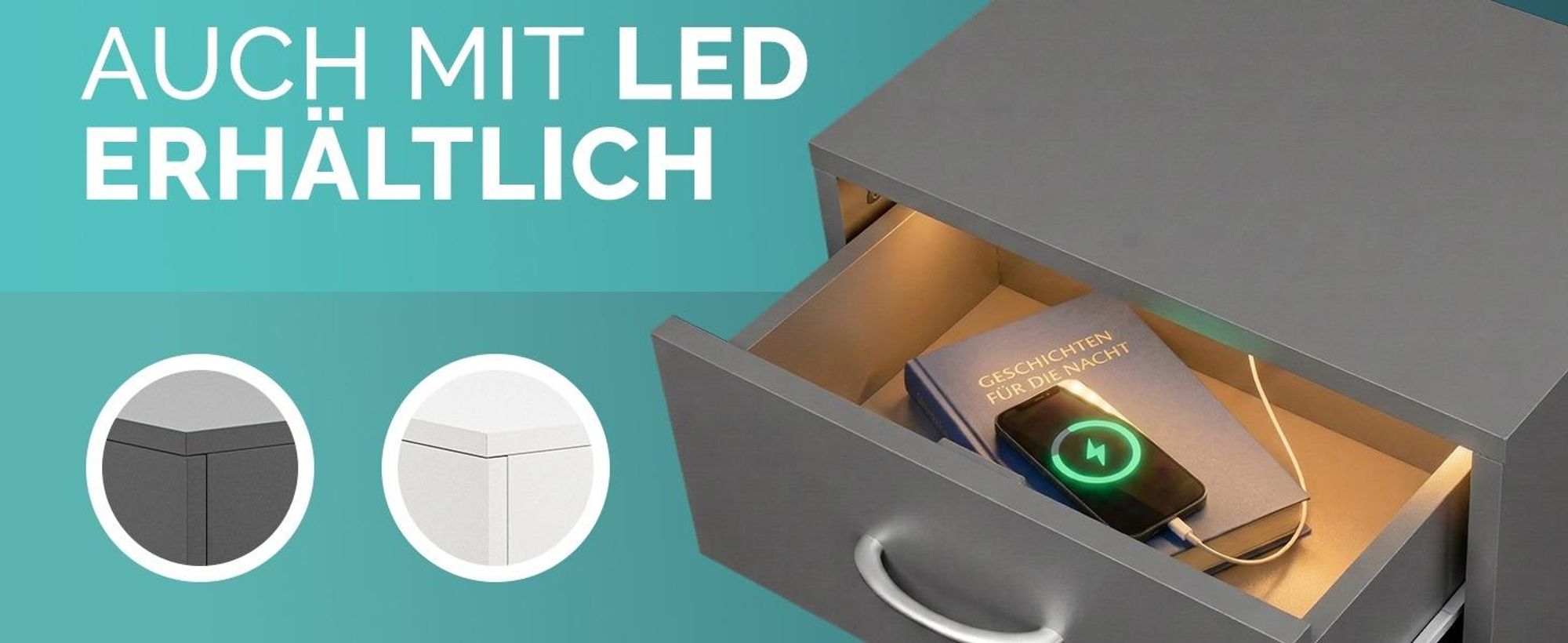 CASARIA Nachttisch mit LED Holz Weiß
