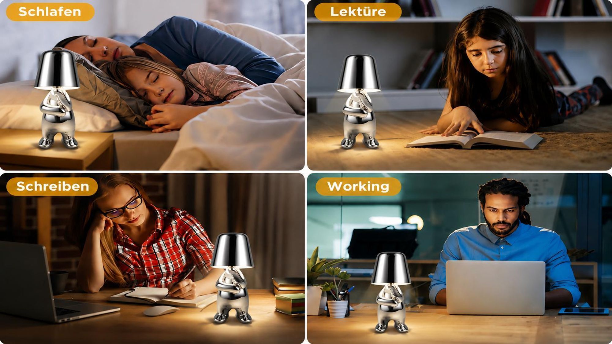 Thinker-Statue LED Nachttischlampe mit Touch-Steuerung,USB-Aufladung,3 Helligkeitsstufen,Kabellose Dimmbare Tischlampe,Dekorative Nachtlicht(SilverE)