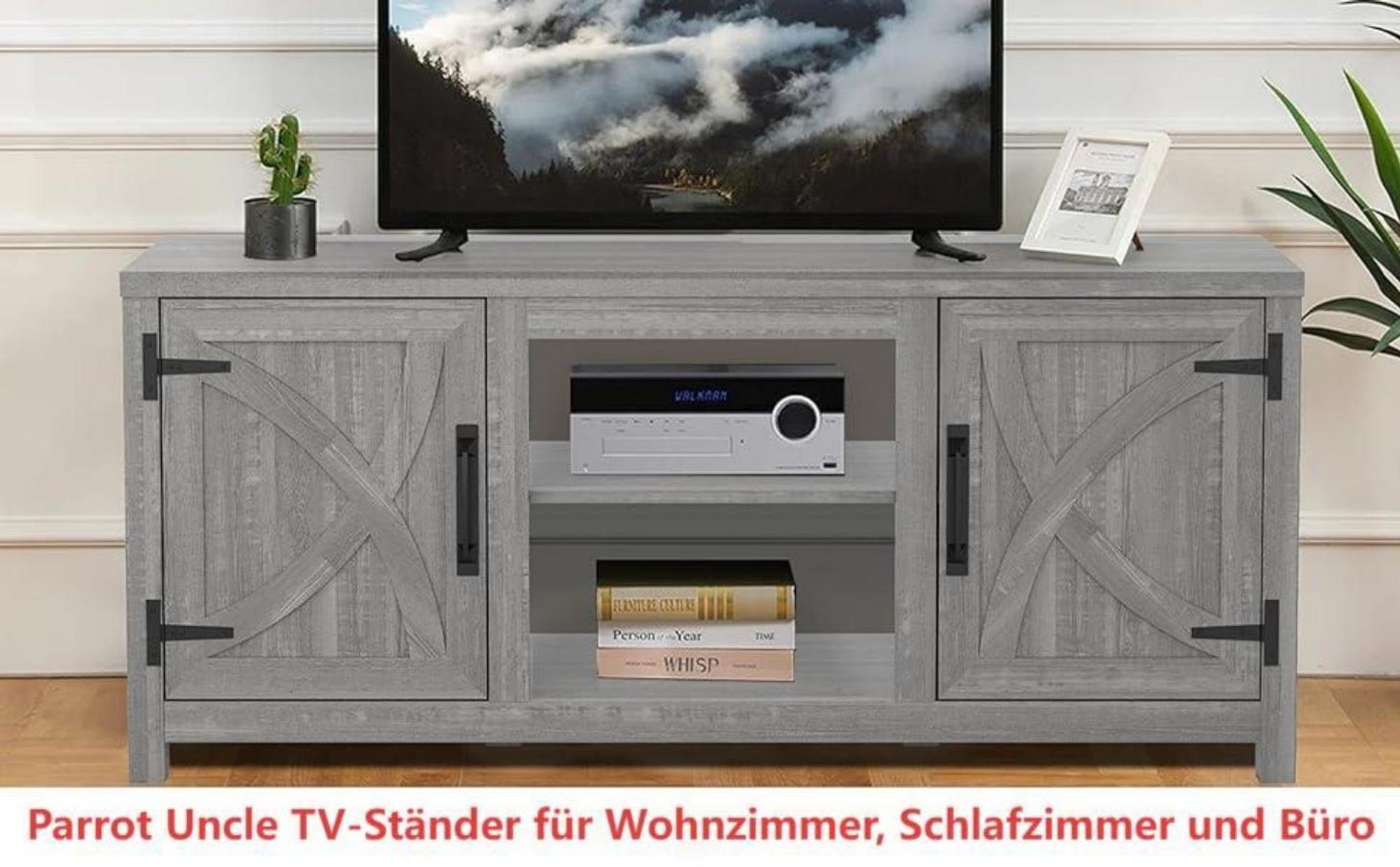 Parrot Uncle TV-Schrank für Fernseher bis 65 Zoll, MDF, Grauer , mit 2 offenen Fächern und 2 Tür, 147 x 41 x 62 cm, 54 kg Tragkraft