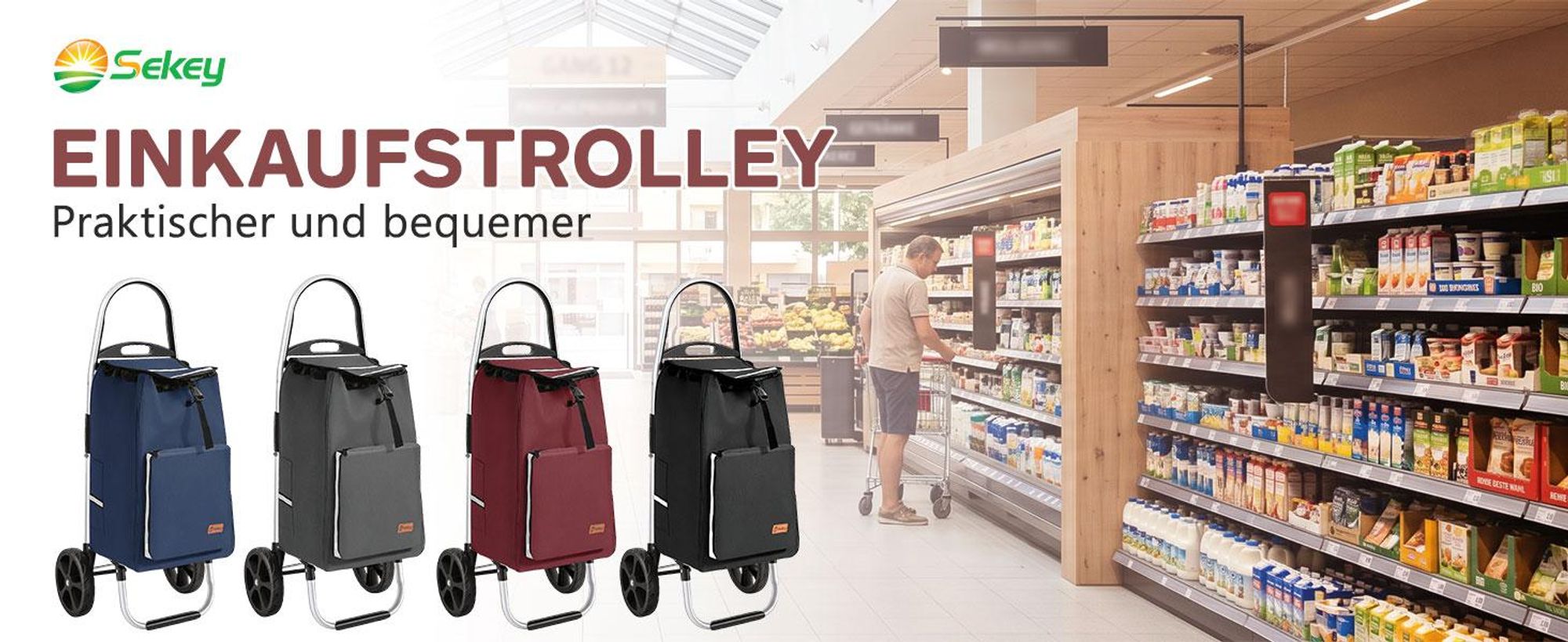 Sekey Klappbar Einkaufstrolley 2 Räder Aluminium, mit 50L Wasserdichter Tasche, Kühlfach, Blau