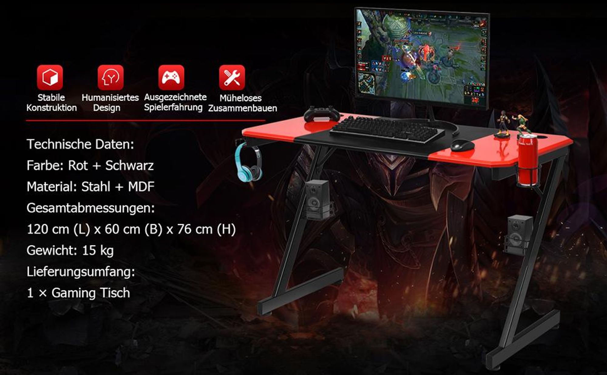 COSTWAY Z-förmige Gaming Tisch, Computertisch, PC Tisch mit Becherhalter, Kopfhörerhaken & Boxenständern, Schreibtisch 120x60x77cm, rot schwarz