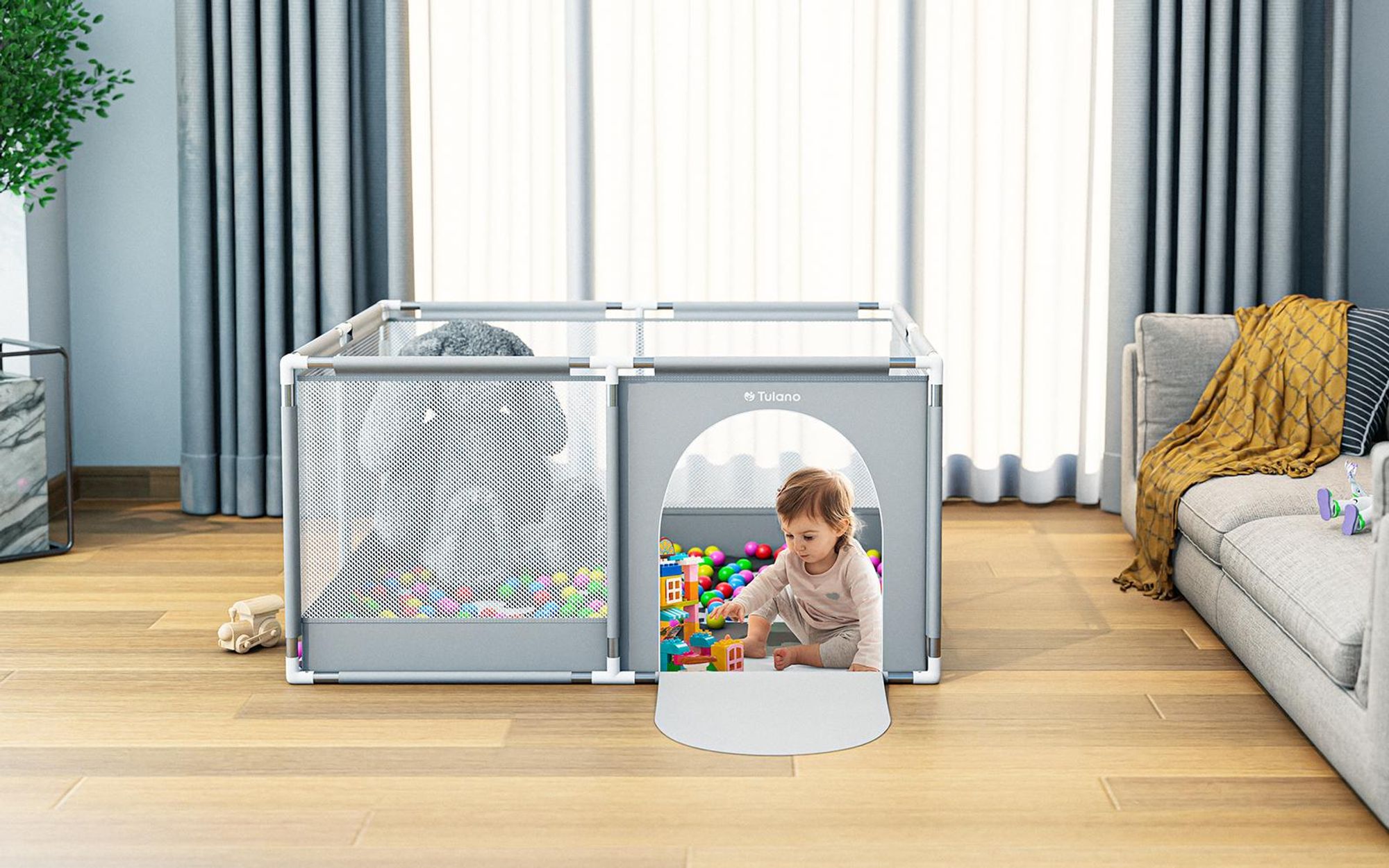 TULANO Cozy 20 | Laufgitter für Baby Kleinkinder Krabbelgitter Laufstall | Indoor Outdoor | Reißverschluss | Atmungsaktivem Netz | 130x130cm | Grau