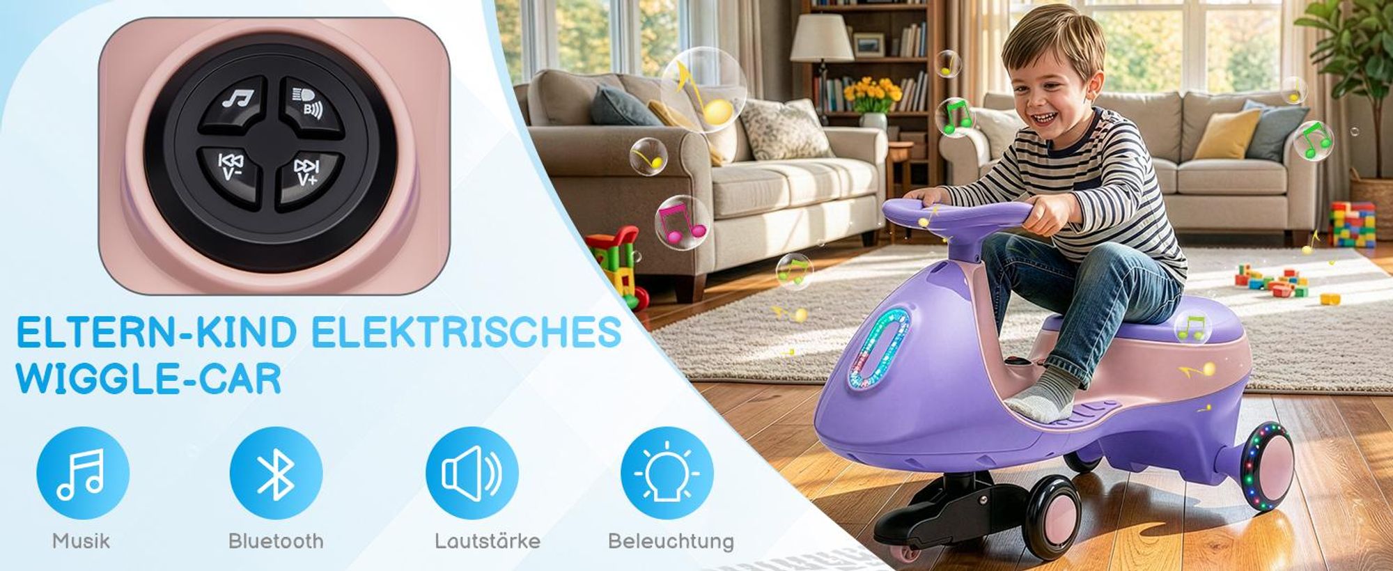 Kinder-Elektroauto 12V, Elektrisches Rutschauto mit Pedal, 2 Geschwindigkeiten und Kippschutz, Bluetooth, für Kinder ab 3 Jahren, Lila & Rosa