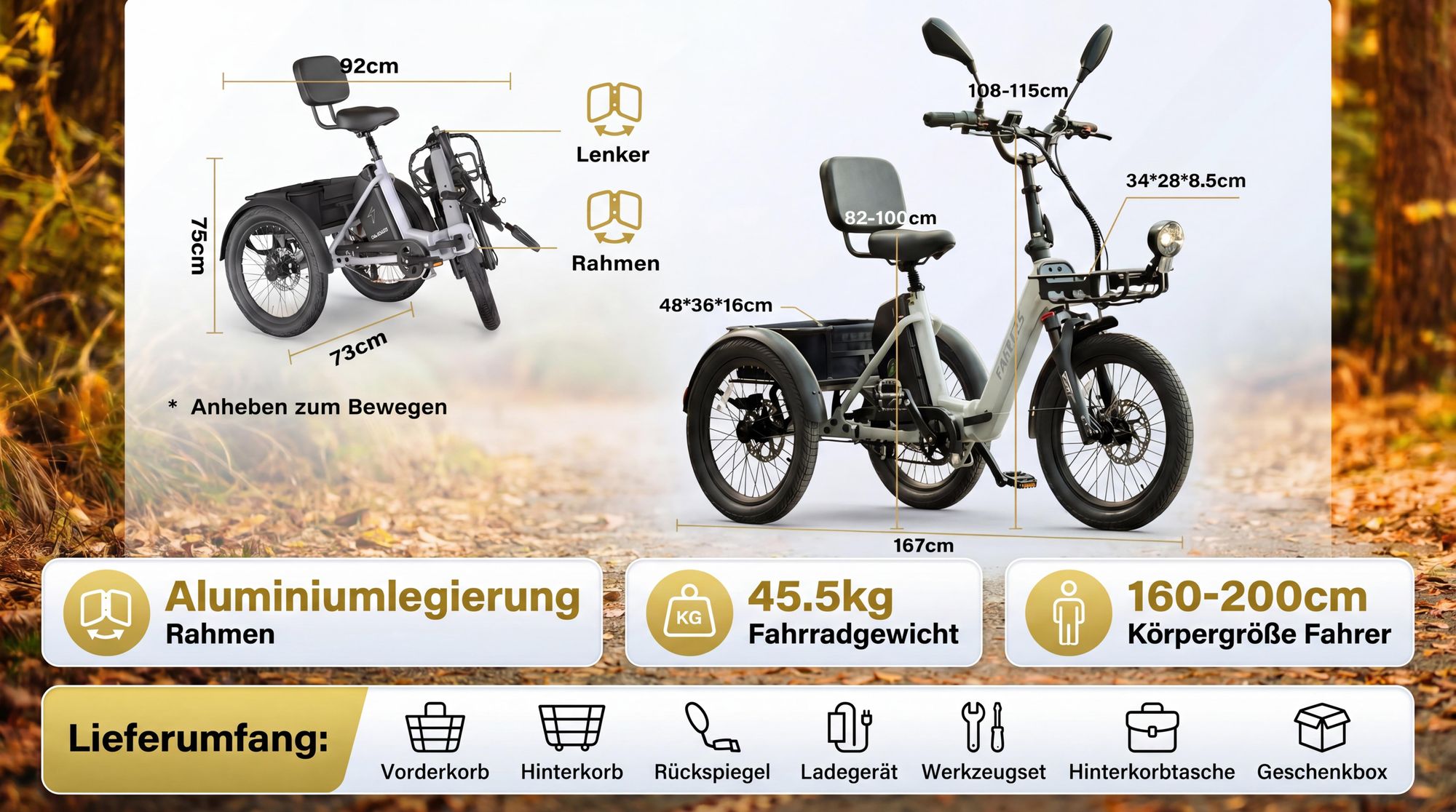 E Dreirad 48 V 21 Ah Akku, 85 km Reichweite, 180 kg Zuladung, hydraulische Scheibenbremsen, Blinker, 40 kg Heckkorb, Grün