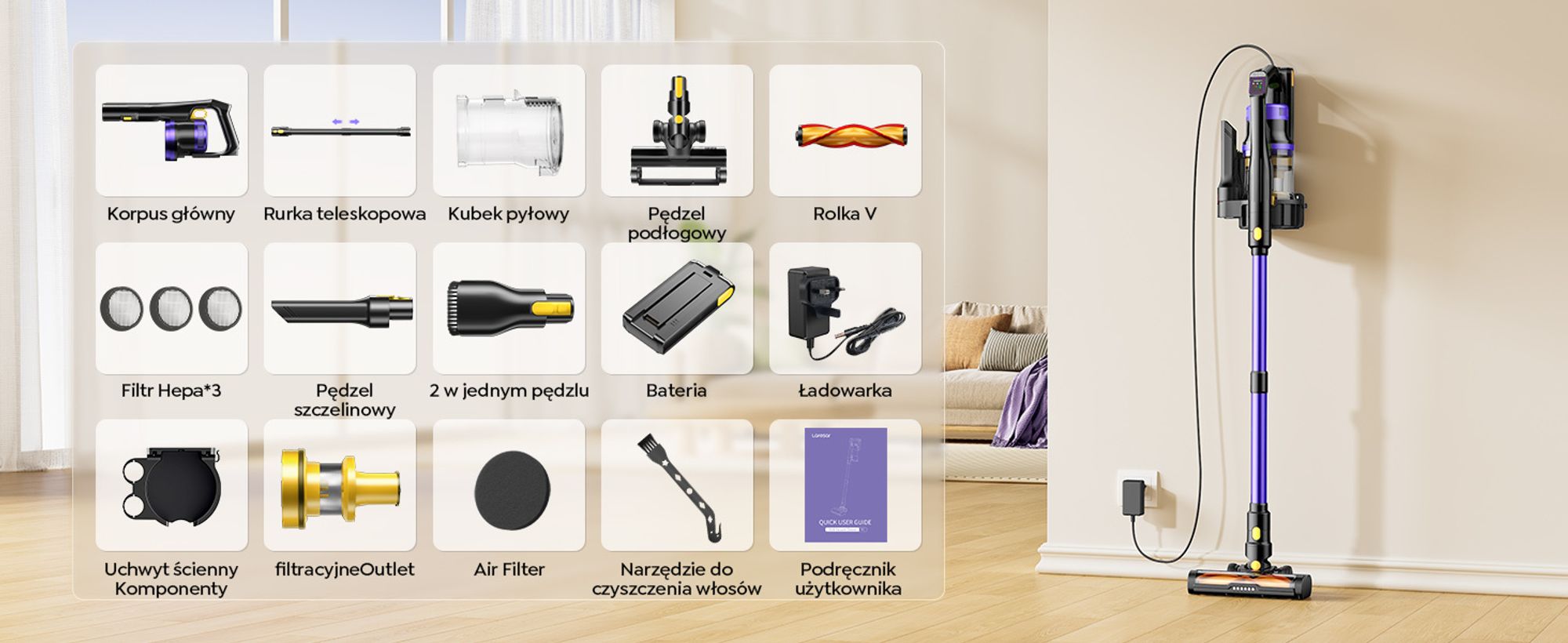 Laresar X11 Bezprzewodowy odkurzacz, 550 W/75 000 Pa Bezprzewodowy odkurzacz z ekranem dotykowym, do 60 minut czasu pracy, bezprzewodowy odkurzacz zap