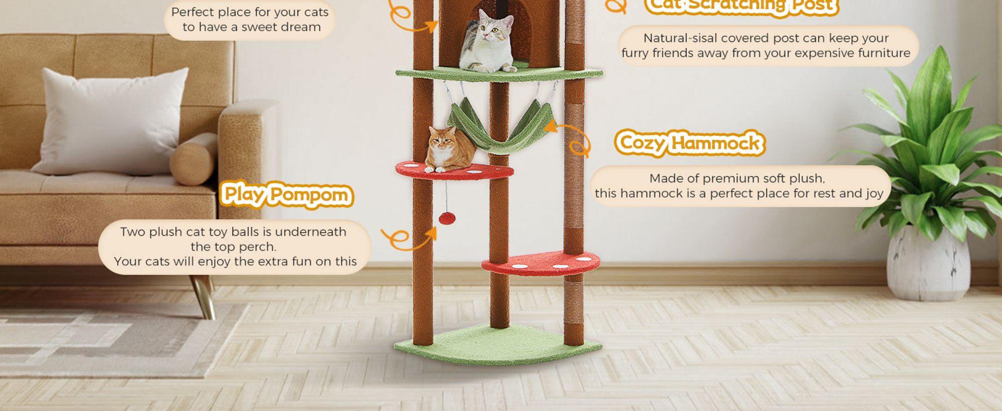 PAWZ Road XXL Katzenbaum 236-258cm mit Sisal-Kratzpfosten, Doppelkondo und Korb für Großkatzen