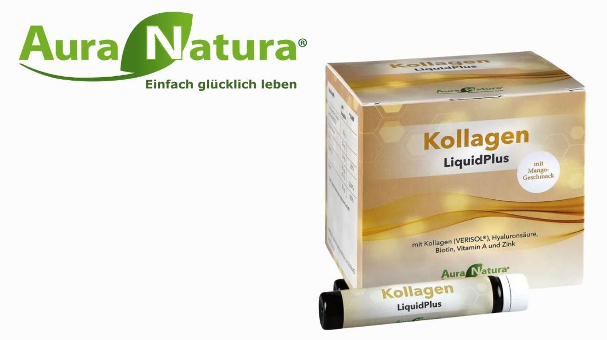 Aura Natura® Kollagen Trinkampullen mit Verisol Kollagen Peptiden Typ 1, 3 (aus Rind) Hyaluronsäure, Zink, Vitamin A, Biotin für Haut, Haare, Nägel - 30 trinkfertige Ampullen, 1 Monat Vorrat | Mango Geschmack