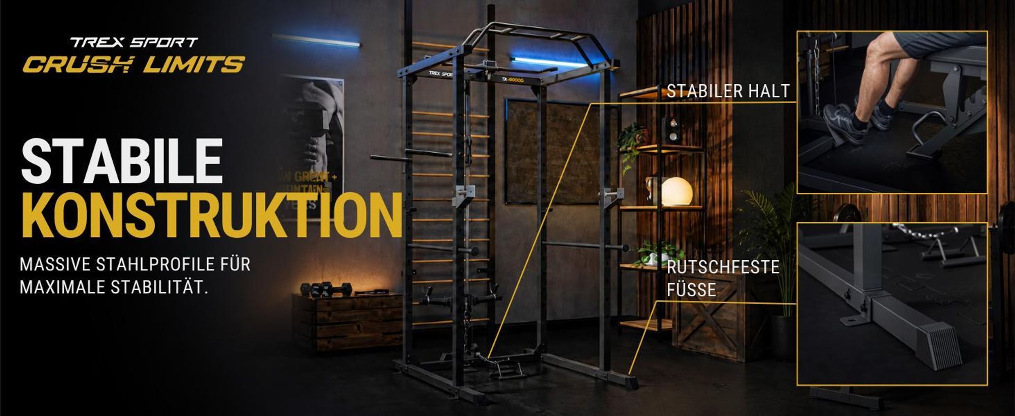 TREX SPORT Power Rack TX-500PC | Powerrack & Multipresse mit Latzug oben/unten, Klimmzugstange, Dip-Station | Squat Rack & Homegym mit Ablagen