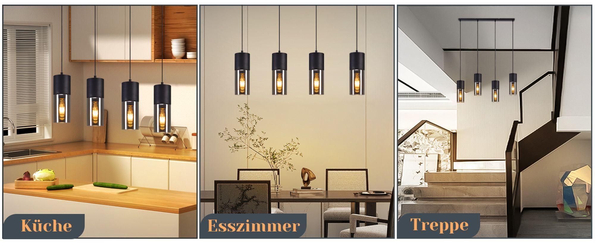 ZMH Hanglamp, eettafel, hanglamp, E27, pendellamp, 4 lichtpunten, verstelbare LED, modern, lampenkap van glas, zwart, kroonluchter voor keuken, woonkamer, slaapkamer