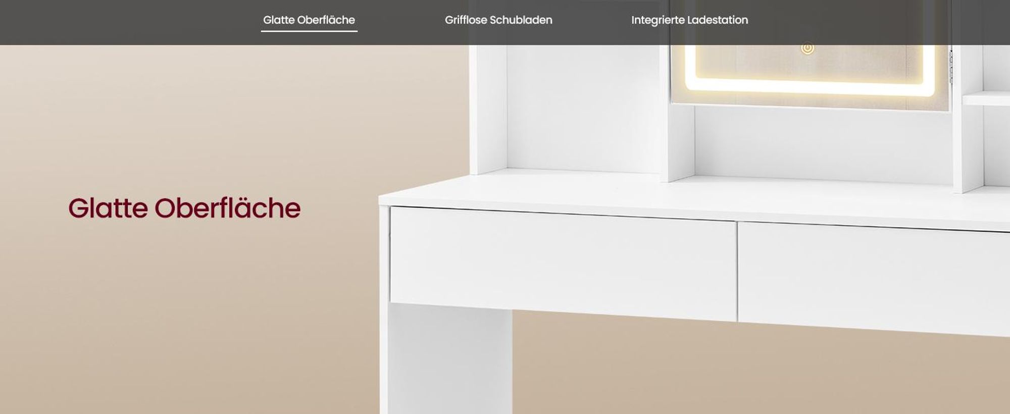 VASAGLE Frisiertisch, Kosmetiktisch mit Ladestation, Spiegel, LED-Licht, Schubladen, 40 x 105 x 145 cm, weiß