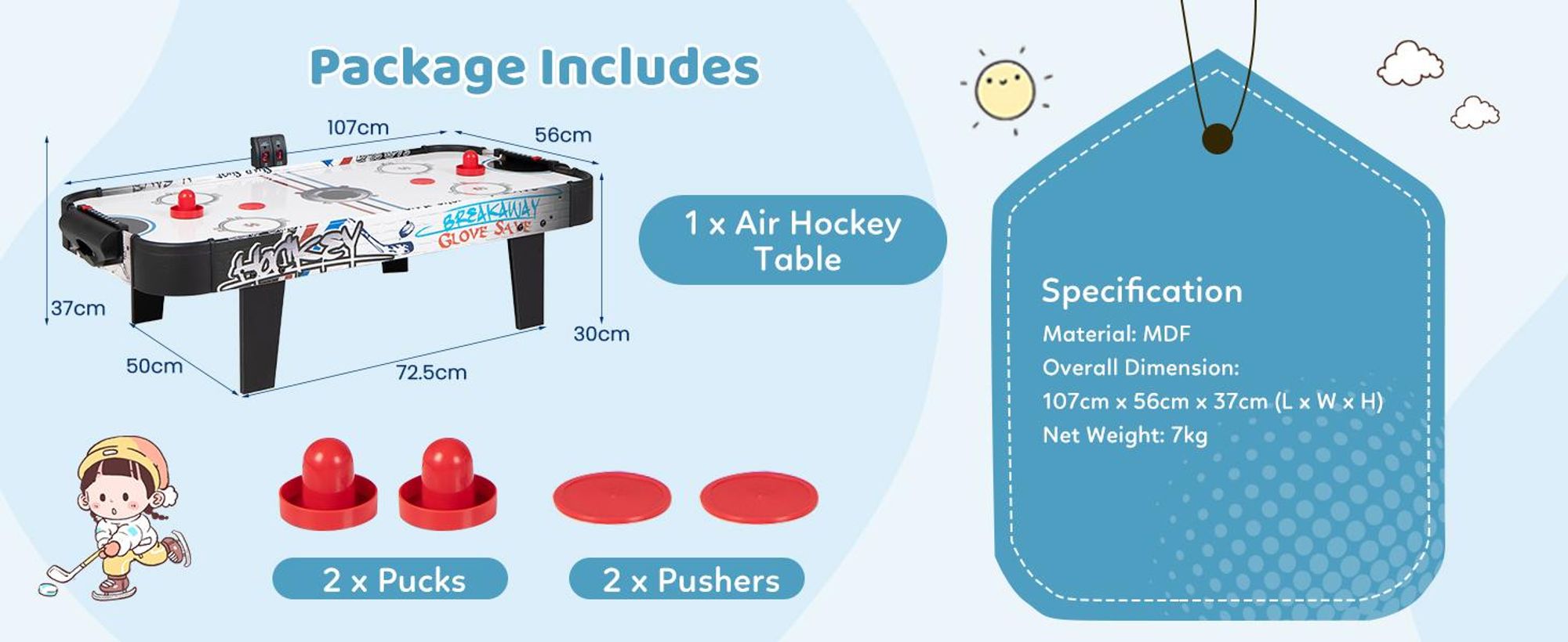 COSTWAY Airhockey Tisch, Airhockeytisch mit LED-Punktezähler, 2 Pucks, 2 Griffe & 2 Ziele, Lufthockey, Eishockey, Tischhockey, 106,5 x 53,5 x 30,5 cm
