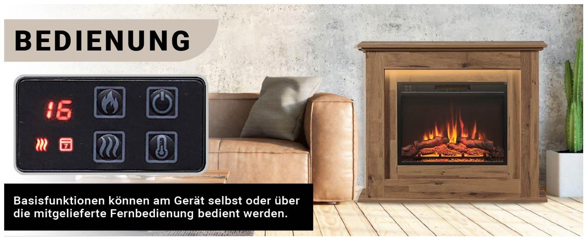 Das Bild zeigt den elektrischen Standkamin Finn der Marke BALDERIA in der Farbe Dunkle Eiche