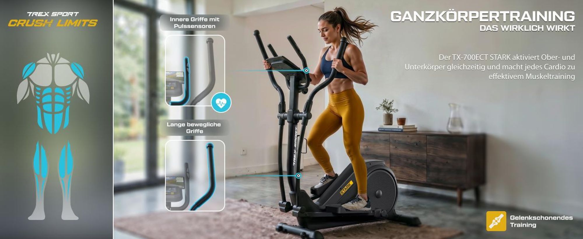 TREX SPORT Crosstrainer für zuhause TX-700ECT STARK | Ellipsentrainer, 32-stufiger Widerstand, Pulssensoren, Bluetooth | Trainingsprogramme, bis 135kg