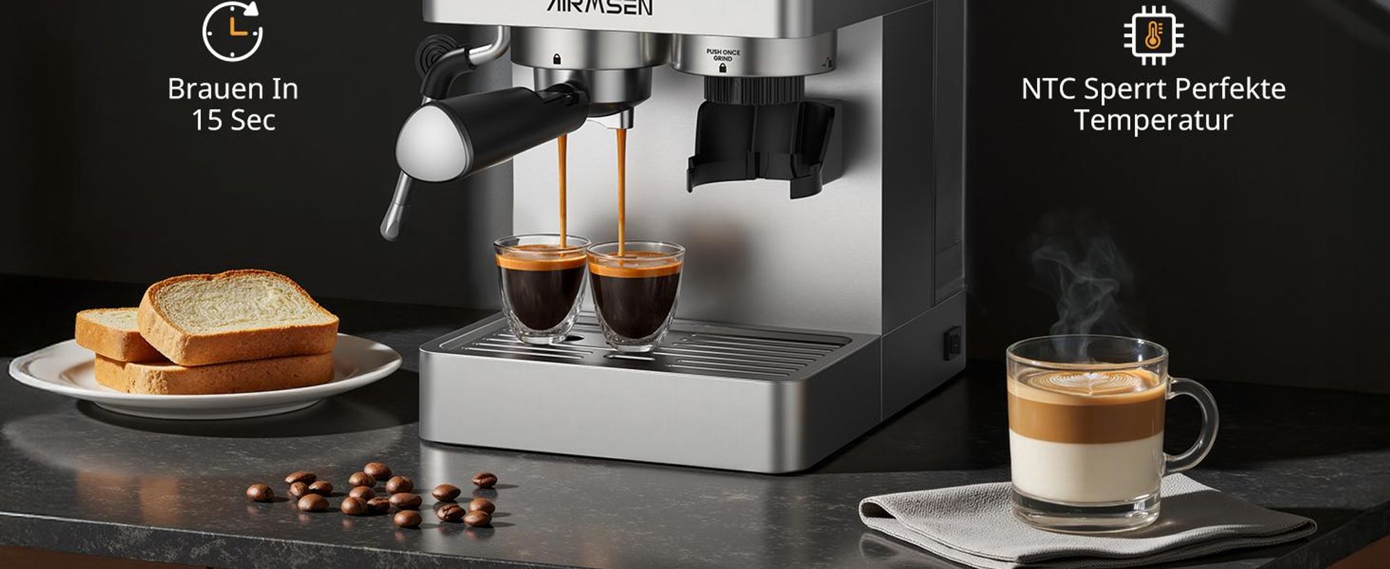 AIRMSEN Espressomaschine mit integriertem Mahlwerk, 20 Bar, Kaltbrühfunktion, individuell einstellbare Mahlgeschwindigkeit und Kaffeeflussmenge