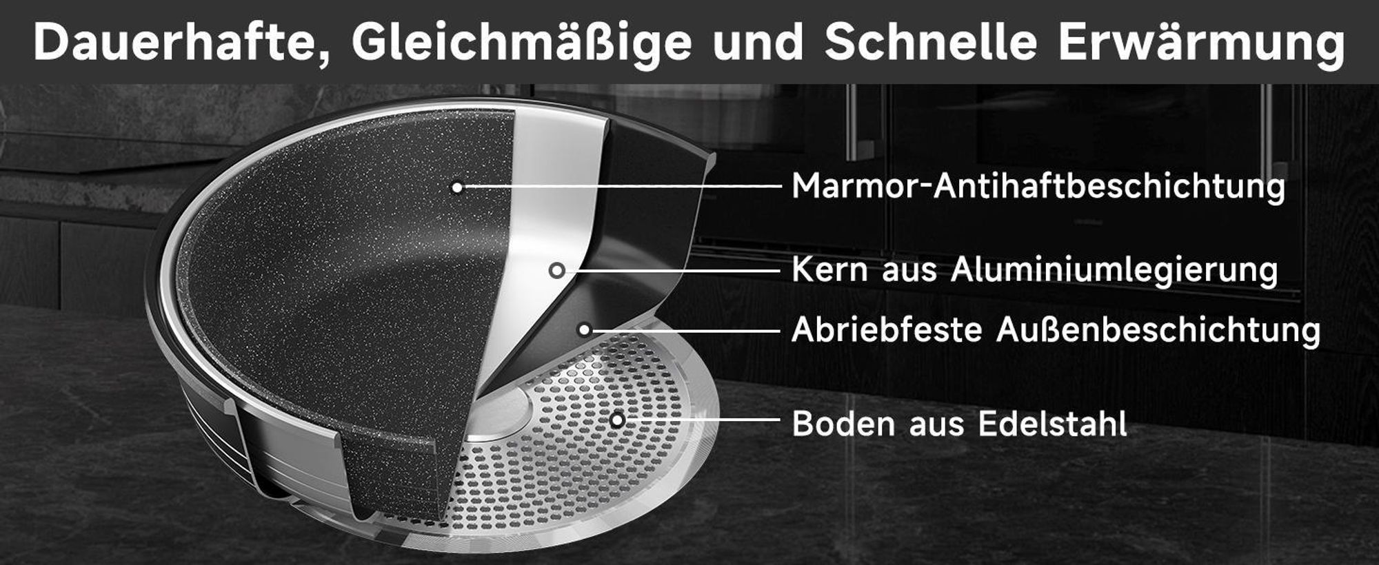 Scheffler Servierpfanne Induktion, 28 x 7,5 cm Schmorpfanne aus Aluminiumguss, Pfanne Bratpfanne mit Marmor-Antihaftbeschichtung, Glasdeckel