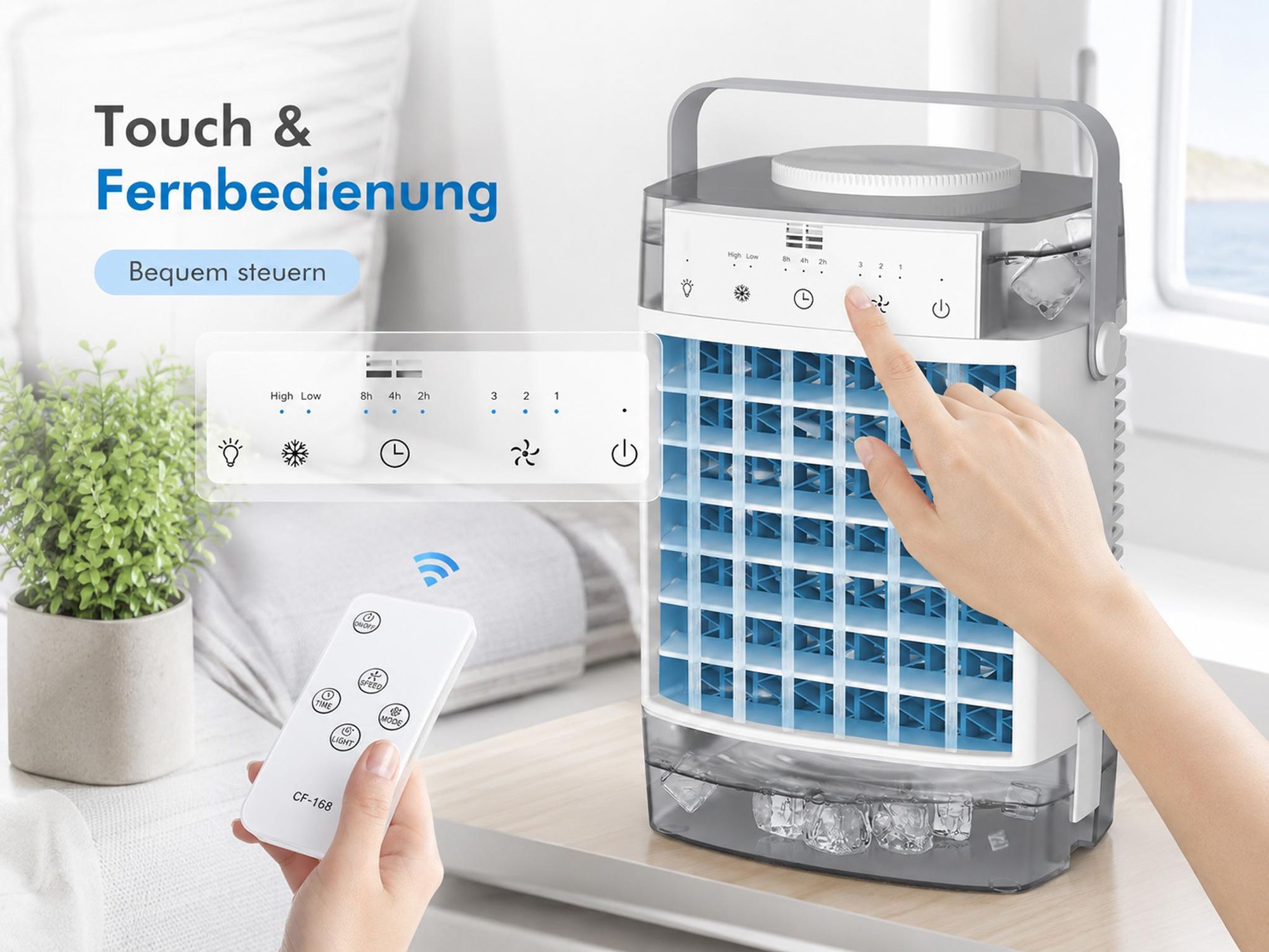 Mini Klimaanlage 4 in 1,Klimagerät Tragbar Leise,Ventilator mit Wasserkühlung 2 Modi 3 Geschwindigkeiten Timer RGB-Licht für Zimmer Camping,Grau