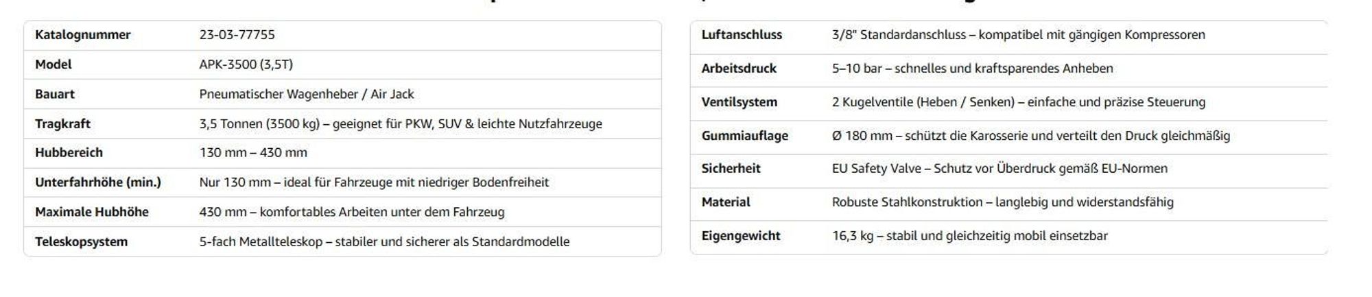 Pneumatischer Wagenheber APK-3500 3,5T mit Hubhöhe 130–430 mm