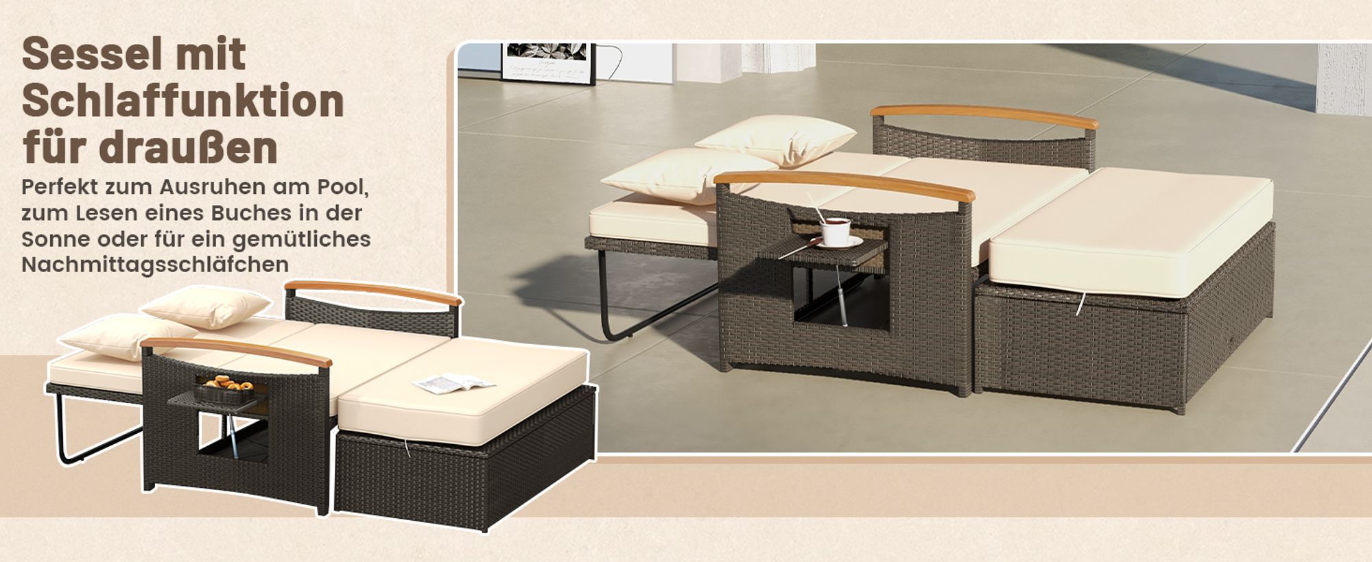 Rattan Lounge Möbel Outdoor, Gartenlounge 2 Sitzer mit Liegefunktion, Gartensofa-Set mit Hocker, Doppelliege mit Stauraum