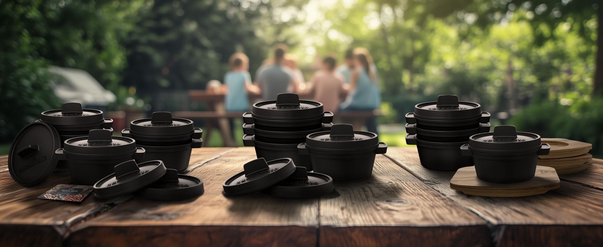 GUSSKÖNIG Dutch Oven Set Mini mit Holz-Untersetzer - 4x 300ml Gusseisen Mini Topf mit Deckel