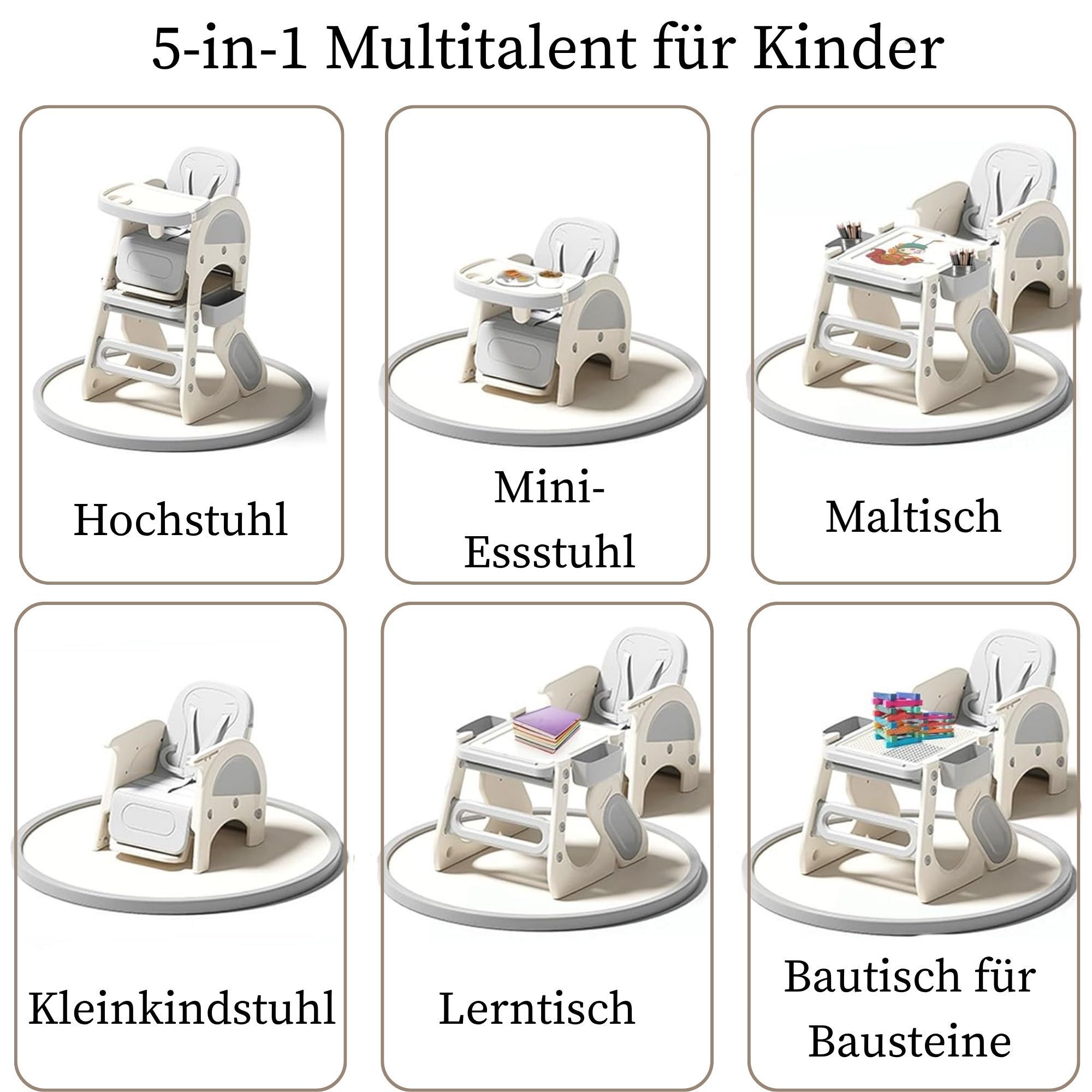 Multifunktionaler Hochstuhl zum Füttern und Spielen für Kinder– 5in1 Set mit Whiteboard & Bausteintisch I Gelb