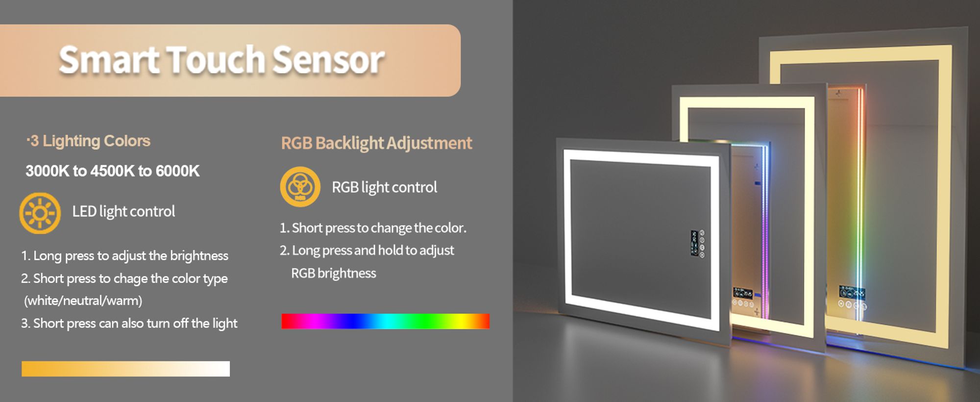 WISFOR LED Badspiegel mit Bluetooth Lautsprecher, 70×90cm RGB Wandspiegel Badezimmerspiegel mit Beleuchtung dimmbar Beschlagfrei Touchschalter