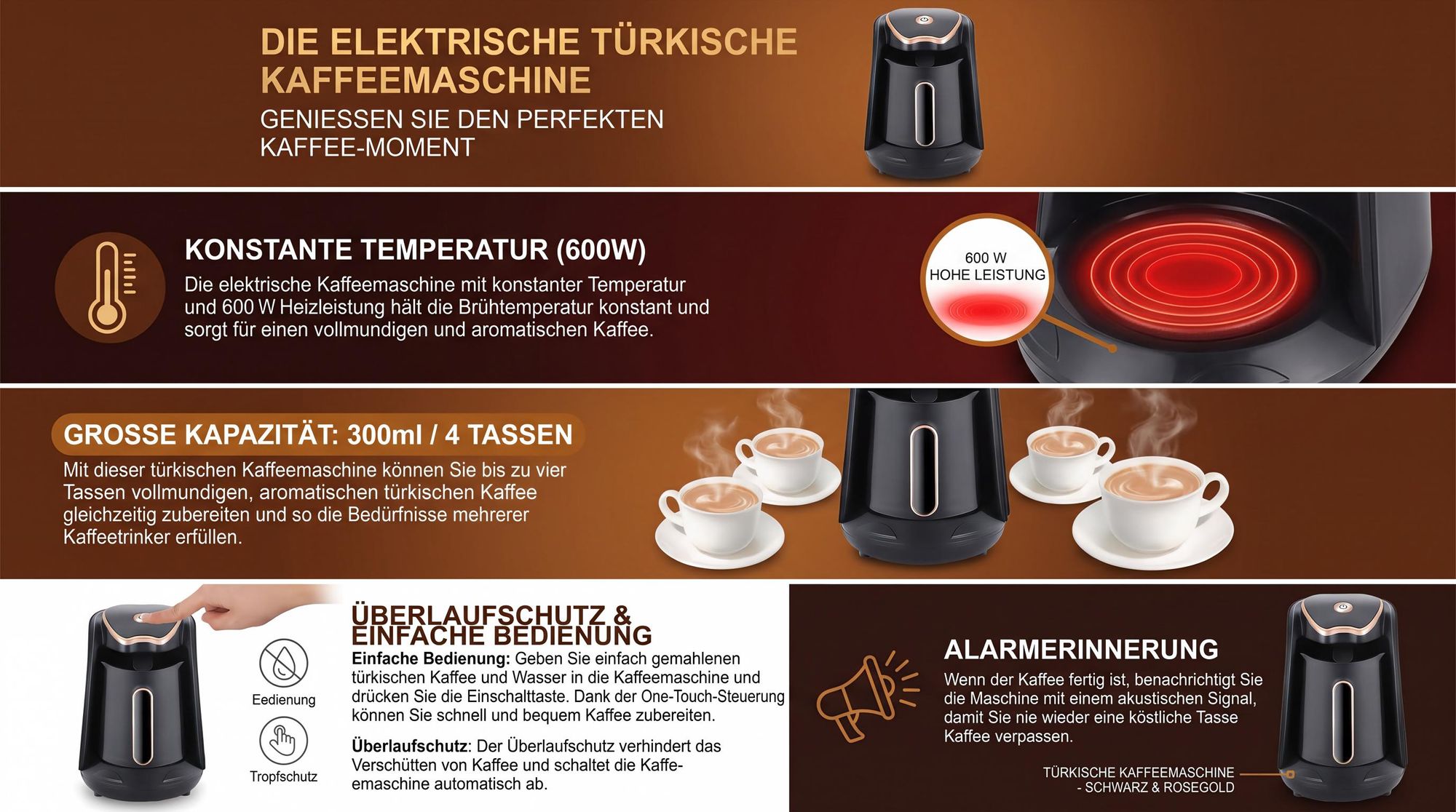 Türkische Kaffeemaschine,Elektrische Türkische Kaffeemaschine,600 W,300ml,4 Tassen, mit Anti Überlauf Anti Trockenverbrennung