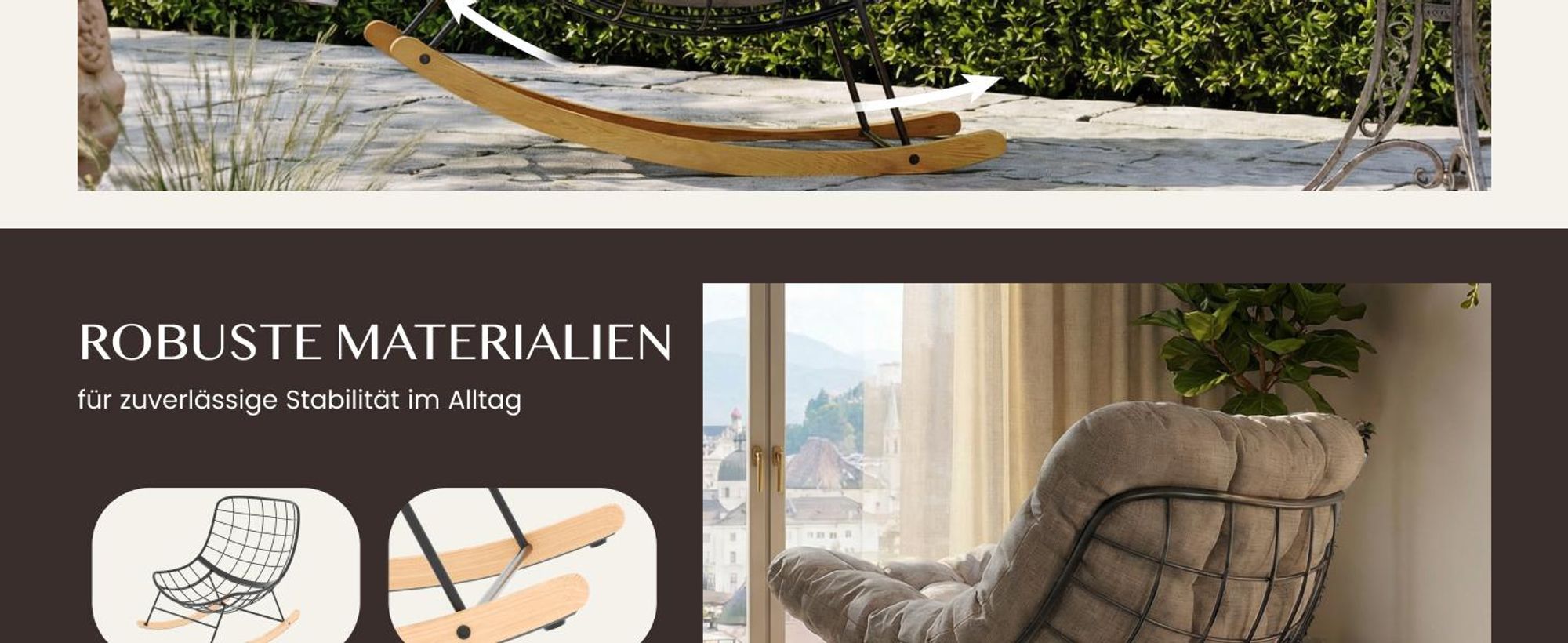 FLEXISPOT Schaukelsessel Outdoor, Gartenliege & Loungesessel mit Kissen, stabilem Metallrahmen, ideal für Balkon, Terrasse, Garten & Wohnzimmer, Braun