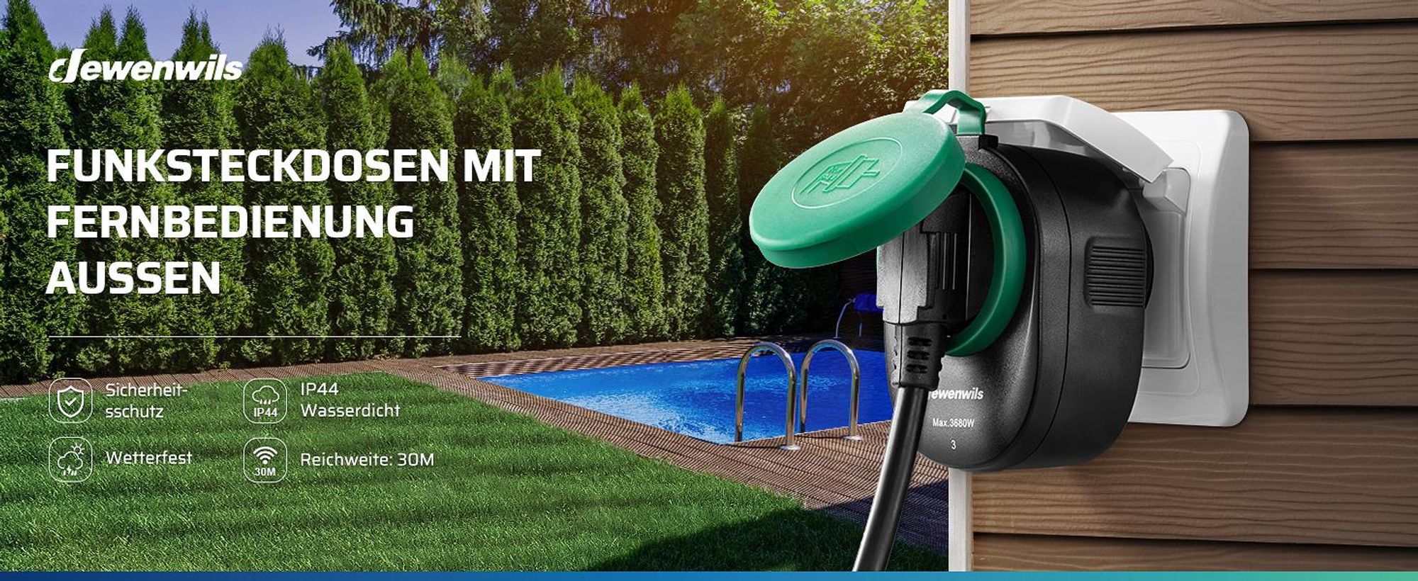 DEWENWILS Funksteckdosen mit Fernbedienung 5er Set, Außen, IP44, 3680W, Schwarz