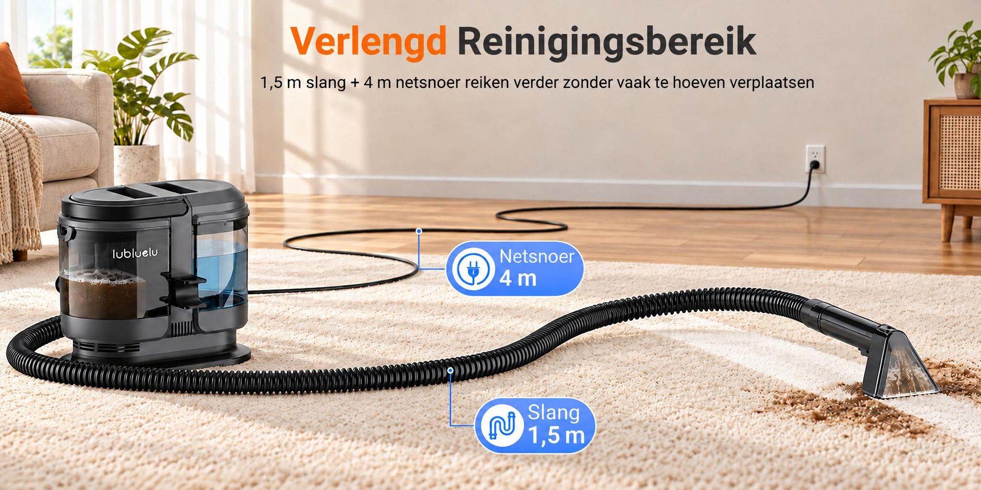 Lubluelu V1 Tapijt- en Bekledingsreiniger, 18.000 Pa, 450 W, Dubbele Watertank van 1,8 L + 0,9 L, Compact voor Banken, Autostoelen en Tapijten