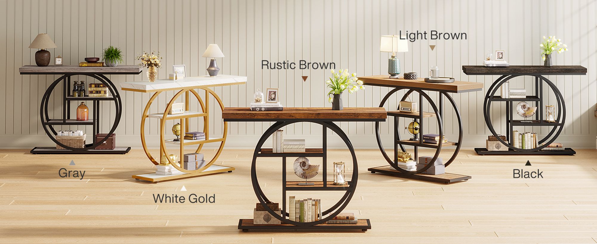 Tribesigns Konsolentisch, 105 cm, industrieller 4-stufiger Sofatisch, Eingangstisch runder Basis, schmale Akzenttisch Holz Flur, Anthrazitschwarz