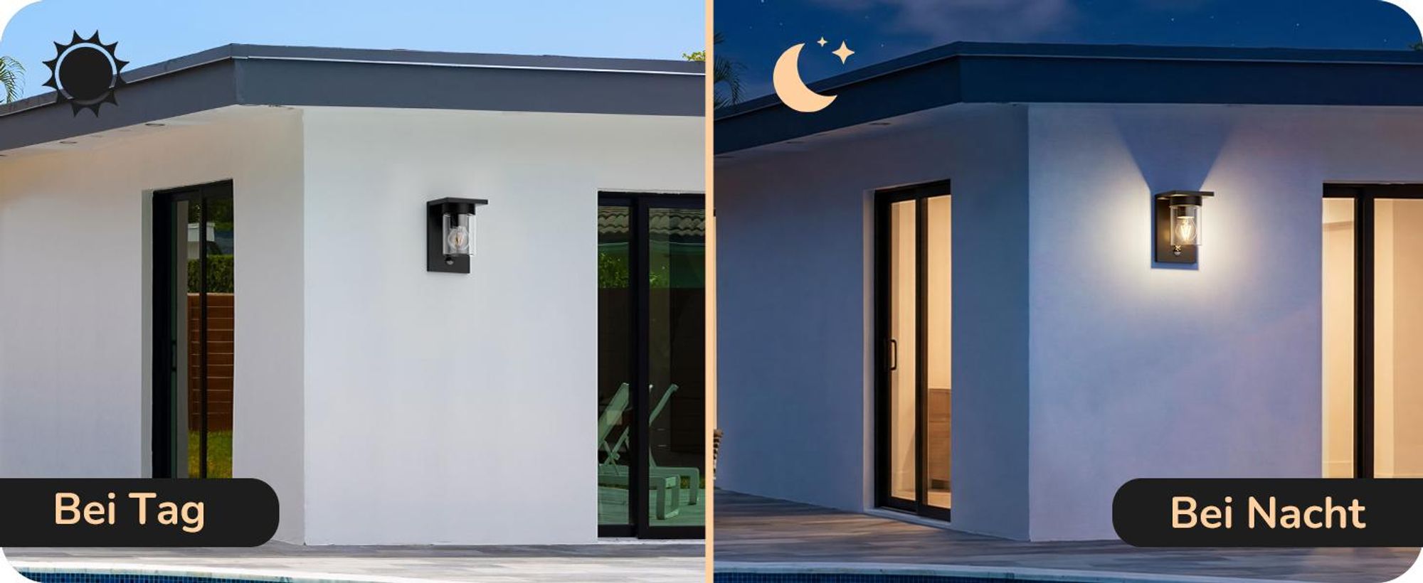 EDISHINE Wandlampe außen mit Bewegungsmelder, IP44 Wandleuchte mit E27-Fassung, Moderne Wandlampe für Haustür, Fassade,Schwarz