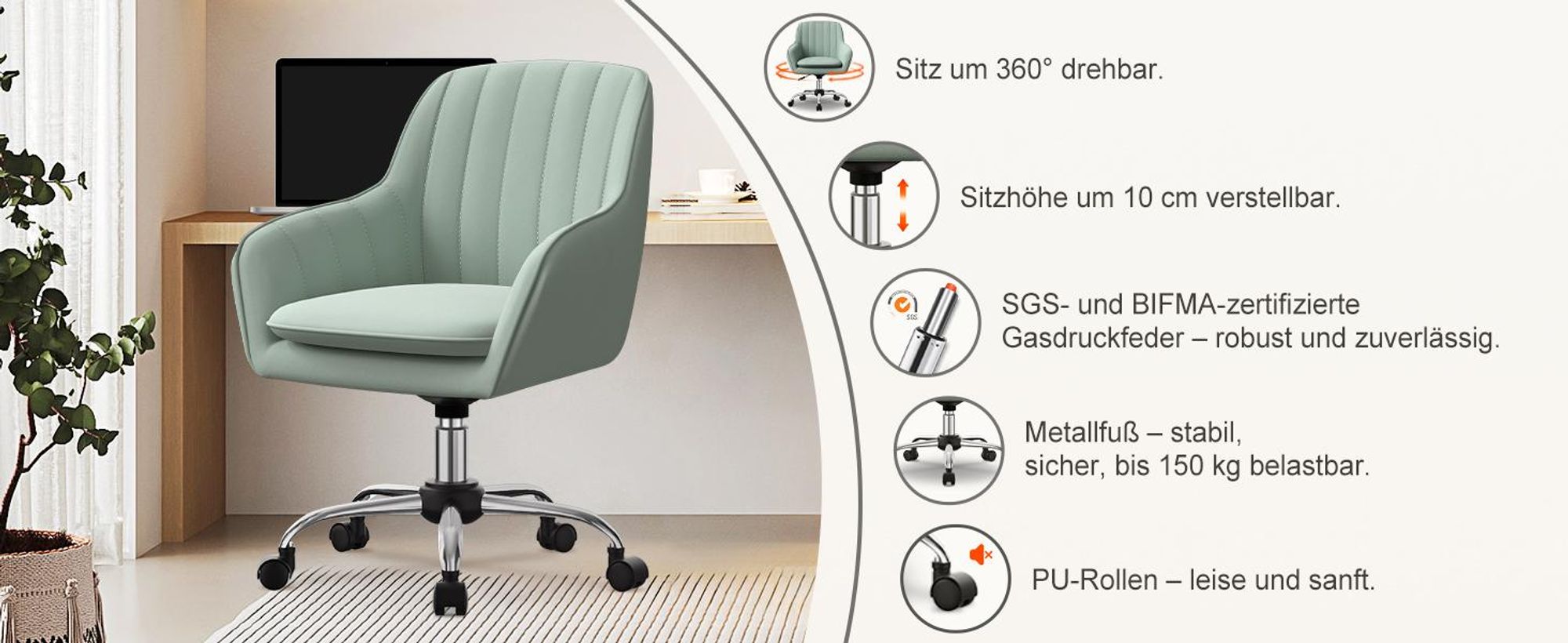 Portreen Bürostuhl, Drehstuhl,Homeoffice Stuhl,Schreibtischstuhl, bürostuhl ergonomisch, Chefsessel 150kg,Drehstuhl mit Rollen,Stuhl für Schminktisch