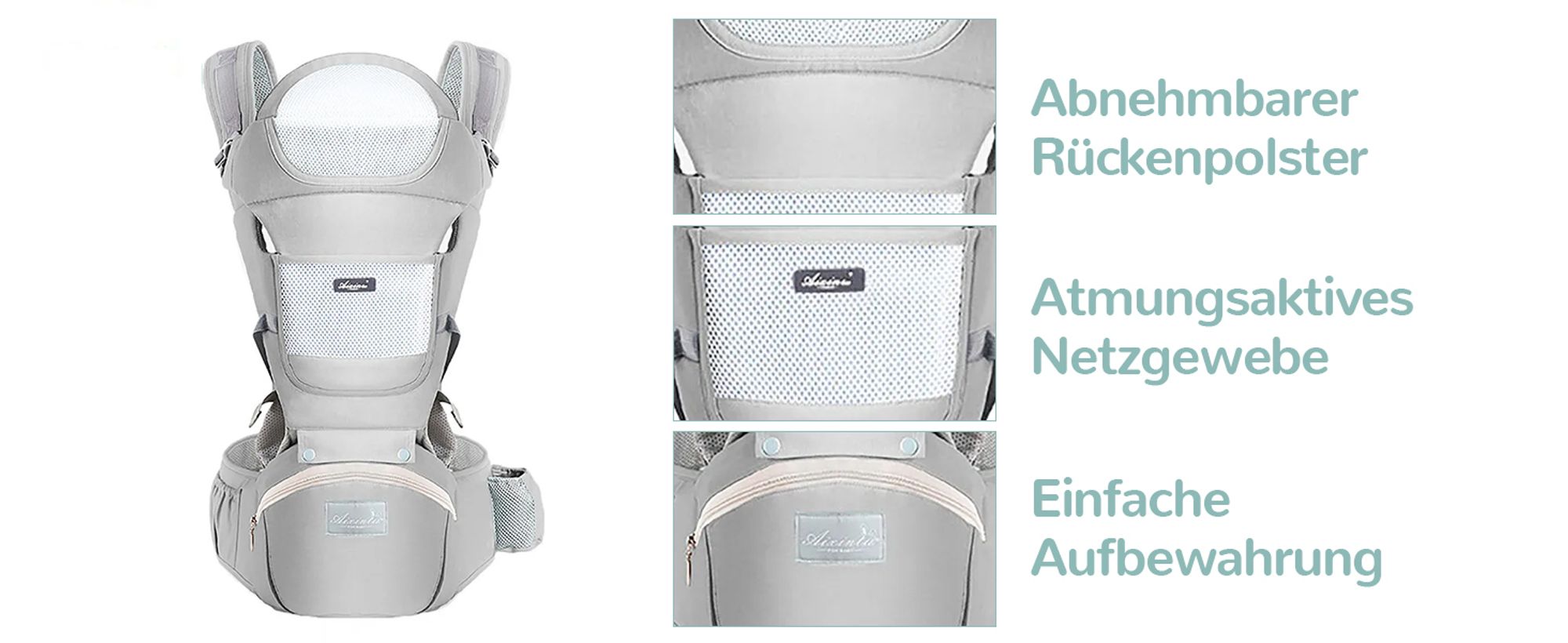 OKWISH Babytrage Bauch- & Rückentrage, Ergonomisch, für Neugeborene bis Kleinkinder (3-20kg), leicht, Baumwolle,Taillenumfang 71-118 cm, mit 3 Taschen, Grau
