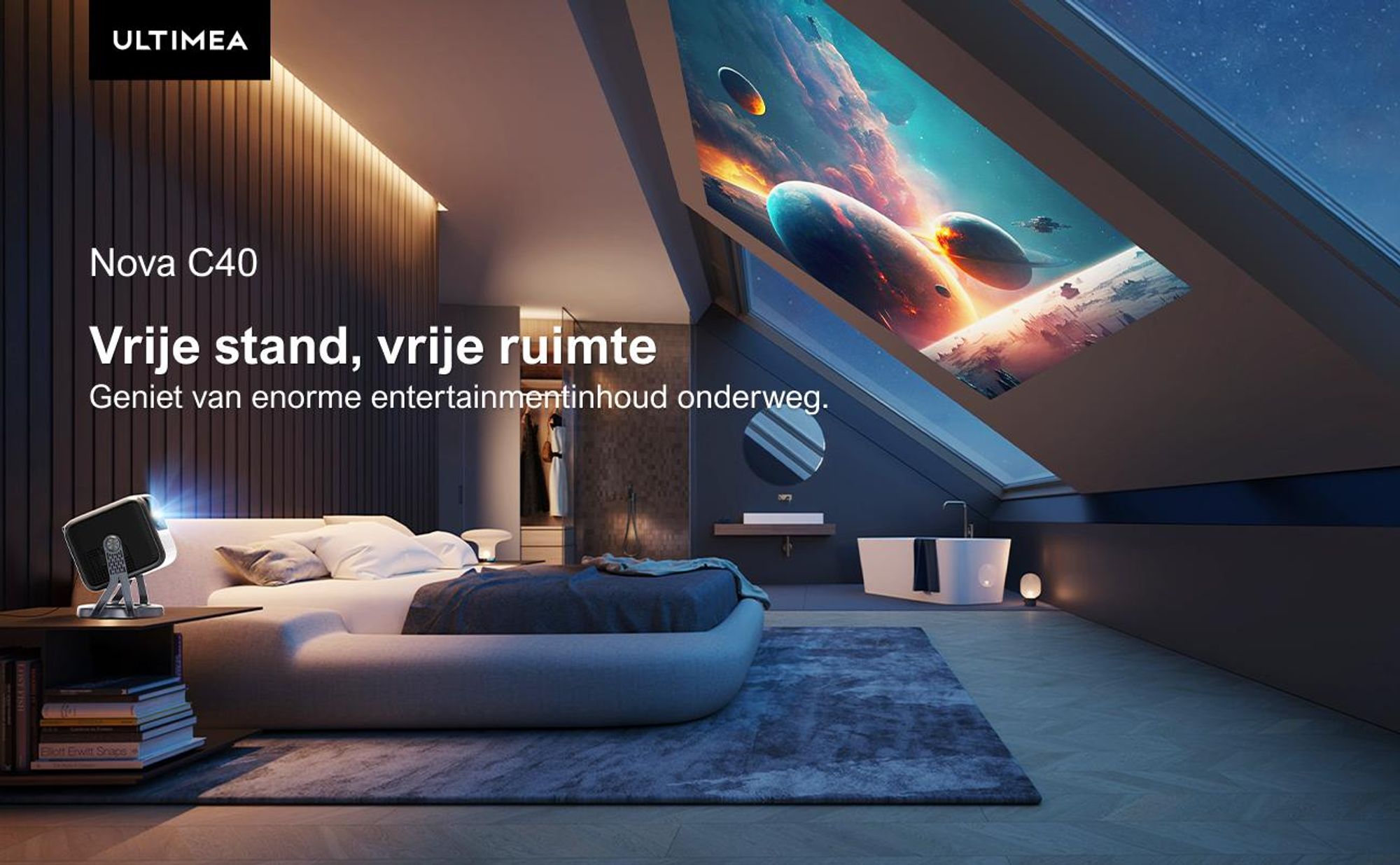 ULTIMEA Nova C40 beamer met 4K-decodering en Android TV 11.0. Beamer met een contrastratio van 1000:1, Dolby Audio, 600 ANSI lumen, HDR10 & HLG, en een 90° gimbal ontwerp zonder statief nodig