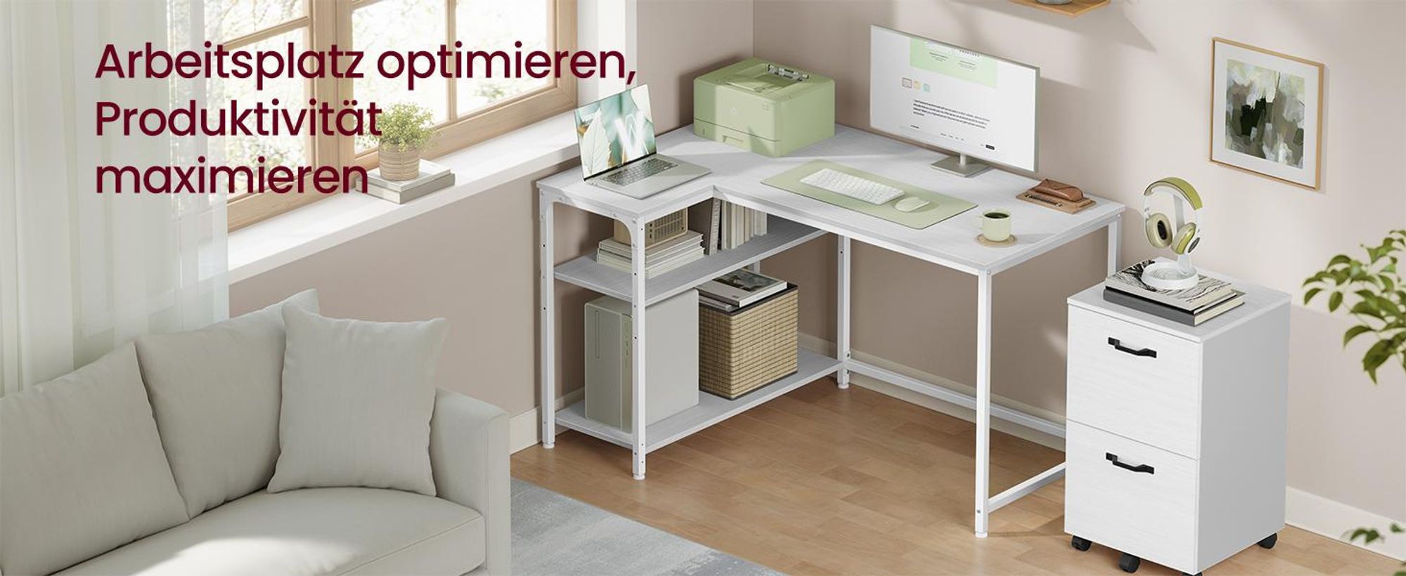 VASAGLE Schreibtisch mit Stauraum, L-Form Computertisch, höhenverstellbare Ablage, Büro, 110 x 80 cm, weiß