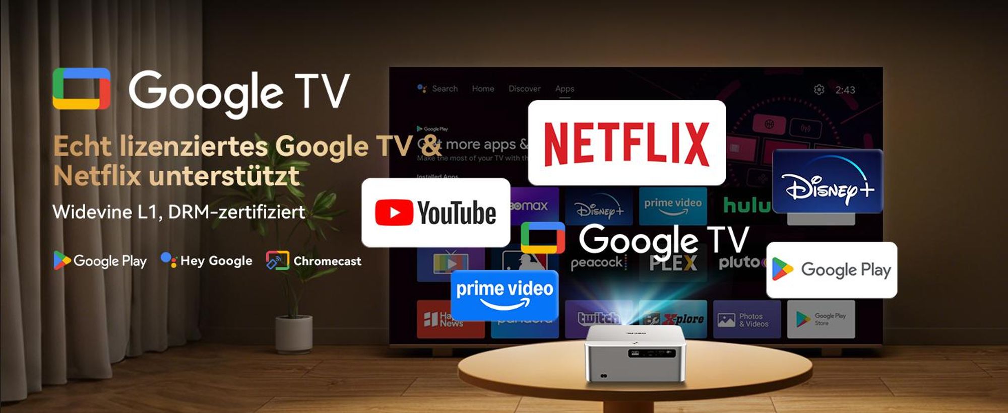 Projecteur OSCAL PV800 PRO, 1 400 lumens ANSI, prise en charge 4K, Google TV, mise au point automatique, Wi-Fi 6, 200 pouces, silencieux (moins de 35 dB)