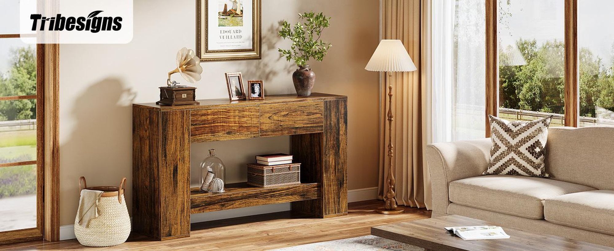 Consolle Tribesigns con 2 cassetti, 140 cm, tavolino da divano in legno dietro il divano, consolle da ingresso a 2 livelli per ingresso, corridoio, soggiorno, disimpegno